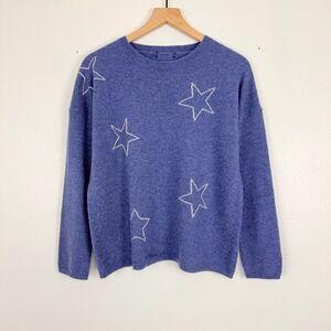 Saks Fifth Avenue Cashmere Sweater Womens M Blue Star Intarsia Crewneck Cozy